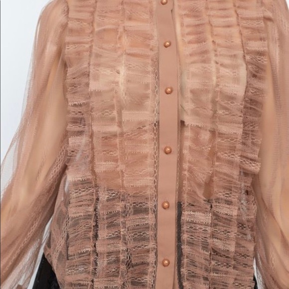 Dark Taupe Sheer Long Sleeve Ruffle Mock Neck Blouse - Picture 4 of 7